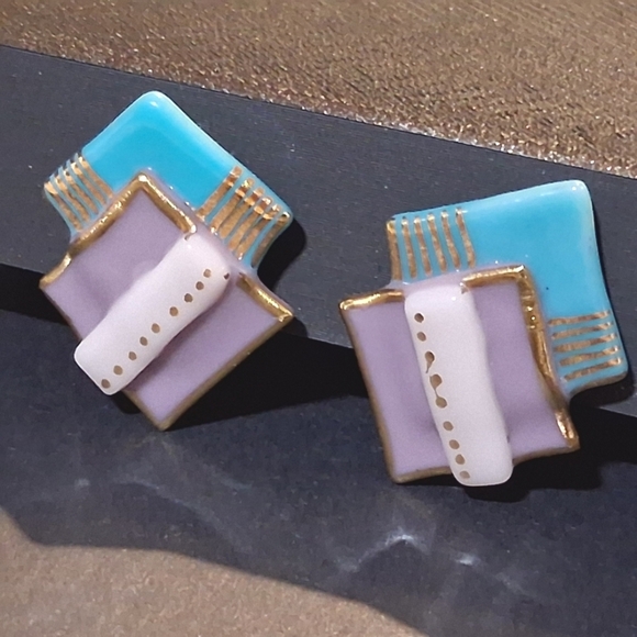 * Vintage 80s Look Pink & Turquoise Glass Clip On Earrings - Picture 1 of 4